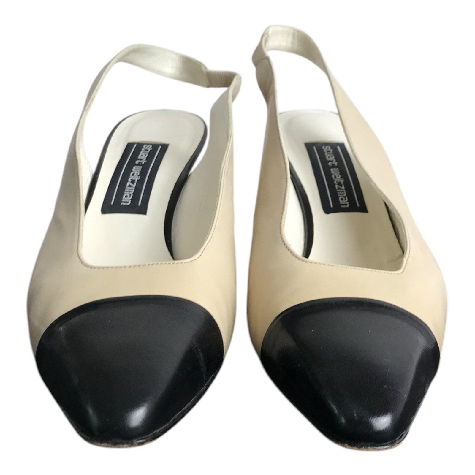 Stuart Weitzman Shoes Womens Size 9 Beige Slingback Leather Black Toes 3" Heels